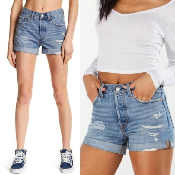 Levi's 501 Blue Medium Wash Distressed Long Denim Jean Shorts Size 25 - Picture 1 of 9